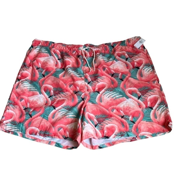 NWT Old Navy Mens 5” Swim Trunks Pink Flamingos Tropical Print Sz 3XL - Picture 2 of 16